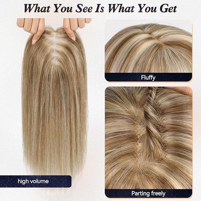 starluck Hair Toppers for Women Real Human Hair No Bangs, 100% Remy HumanHair Toppers for Women Hand-woven with Thinning,Cover Gray Roots,Adds Volume, Mixed Blonde And Brown
