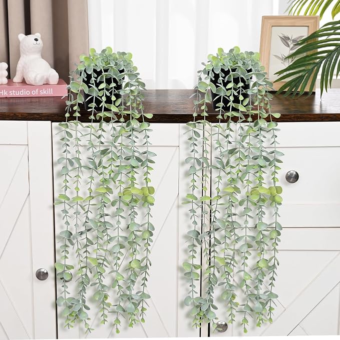 2Pcs Fake Hanging Plants with Pot Eucalyptus Leaves Fake Vines | UV Resistant - Image 8