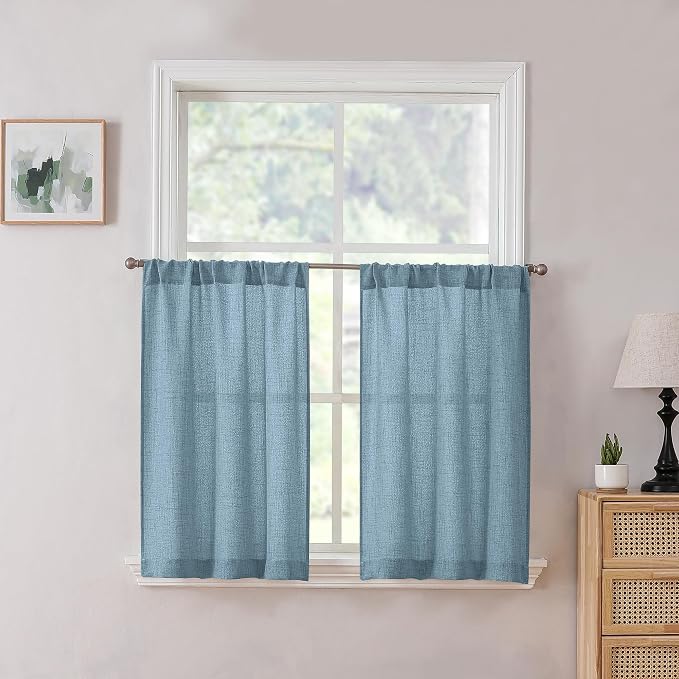 Tollpiz Linen Tier Curtains Rod Pocket Semi Sheer Short Kitchen Curtain Half by Tollpiz