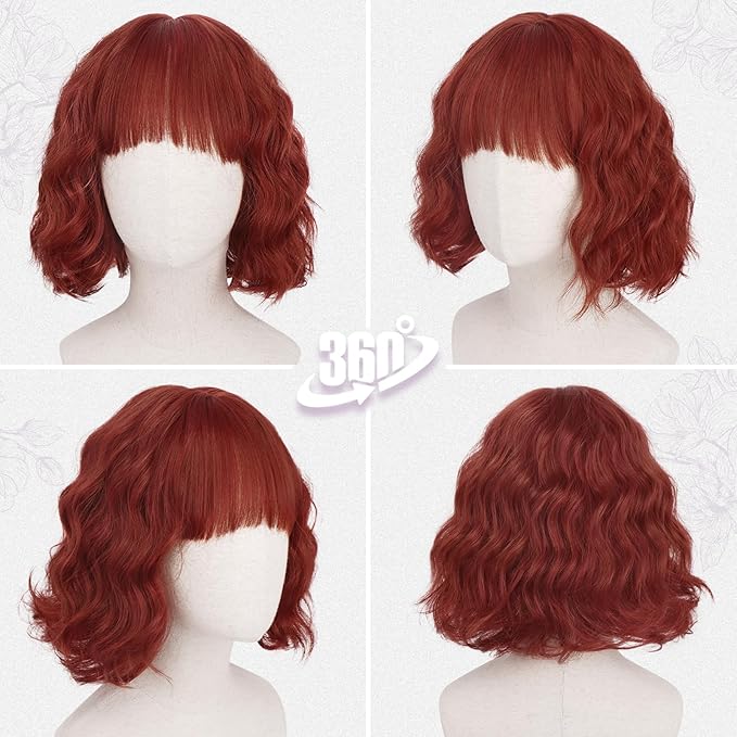 BARSDAR Copper Red Short Wavy Wig with Bangs - Short Copper Red Bob Wigs for Women - Curly Wavy Textured French Bob Wig with Bangs Soft Synthetic Natural Looking Face-Framing Daily