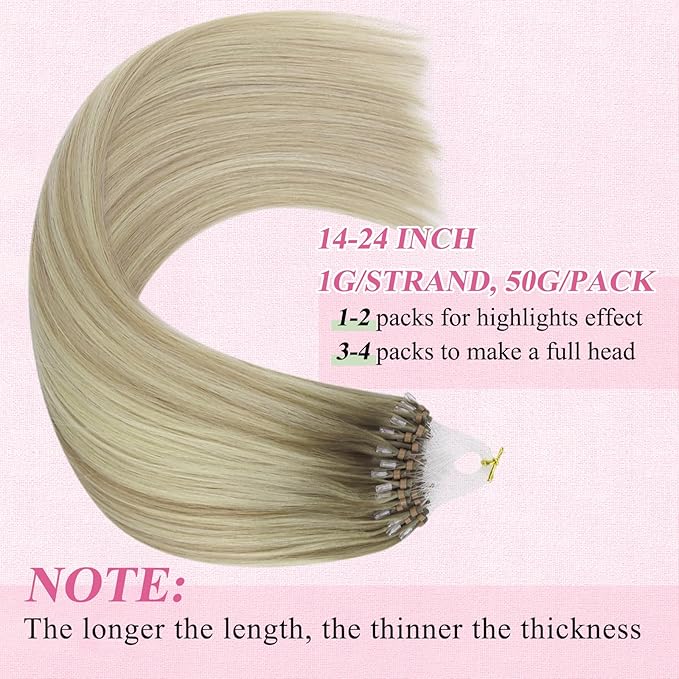 YoungSee Micro Link Hair Extensions Human Hair Ombre Blonde Micro Bead Hair Extensions Blonde to Platinum Blond Beaded Hair Extension Real Human Hair Balayage Remy Hair for School 14In 50s/50g