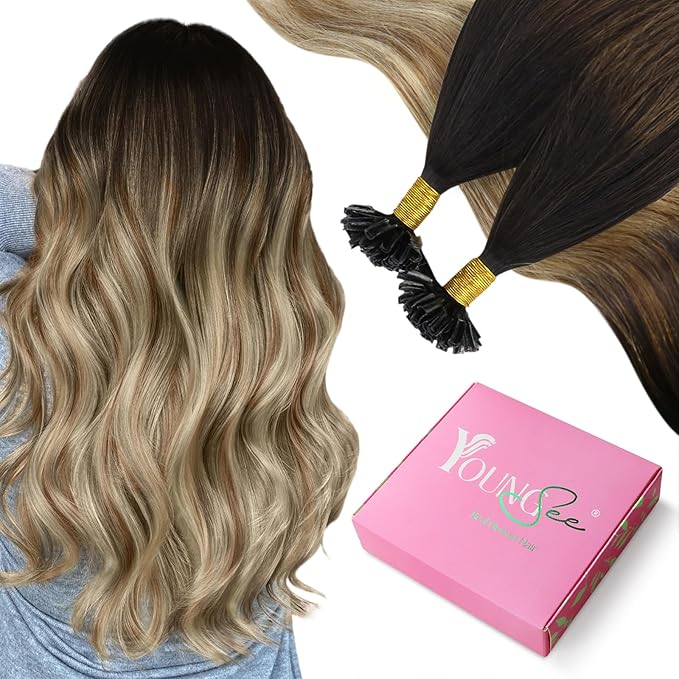 YoungSee U Tip Hair Extensions Brown Balayage Utip Hair Extensions Human Hair Brown Ombre Blonde Utip Human Hair Extension 16In U-Tips Hair Extension Soft Keratin Human Hair 50s/50g for Adding Volume