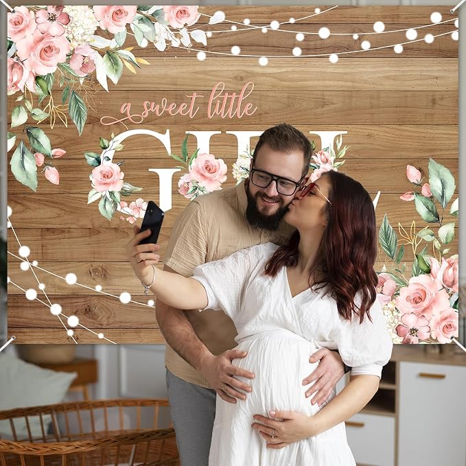 8 x 6 ft Rustic Wood Baby Shower Backdrop A Sweet Little Girl is on Her Way - Image 5