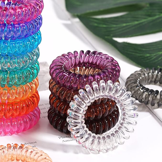 DED Transparent Spiral No Crease Coil Ponytail Holders, 24 Pcs Waterproof Elastic Hair Accessories for Women and Girls, All Hair Types