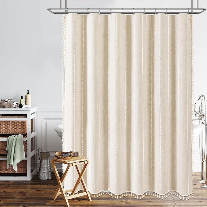 Cream Boho Farmhouse Linen Heavy Duty Shower Curtain Set, Water Repellent - Image 7