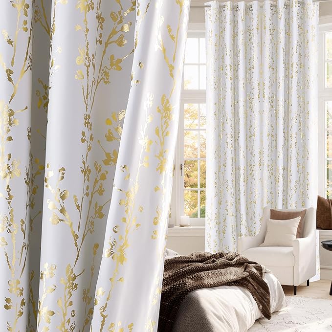 NICETOWN Gold Foil Printed Floral Curtains 100% Blackout, Grommet Branch by NICETOWN