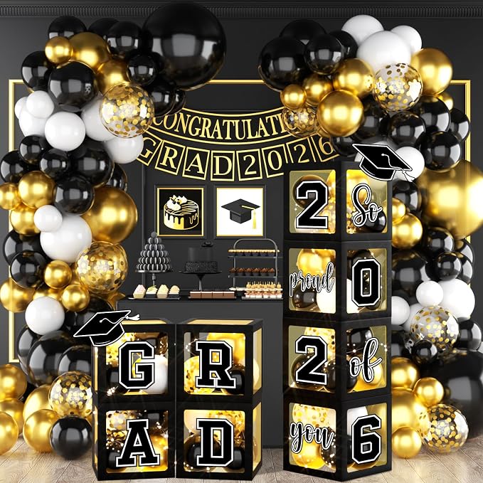 2026 Graduation Decorations Black and Gold Grad Balloon Boxes by Unknown