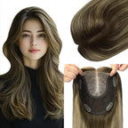 Hair Toppers for Women Real Human Hair 6x7 inch Larger Silk Base 150 Density 55 grams 12inch Balayage Color Chocolate Brown To Caramel Blonde Hair Pieces Add Volume（#4274 12inch）