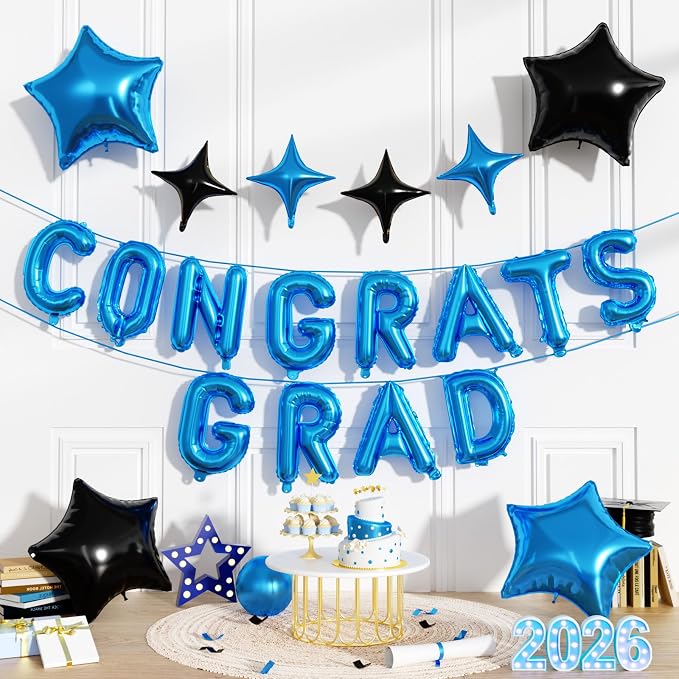 Congrats Grad Balloons, 16 Inch Blue Black Congrats Grad Letters Banner Balloons by FunHot