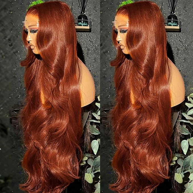 AMIRTY 250 density 36 Inch Dark Ginger Wig Human Hair Pre Plucked 13x4 Auburn Colored Lace Front Wigs Body Wave Glueless Wigs Human Hair HD Lace Frontal Reddish Brown Human Hair Wig