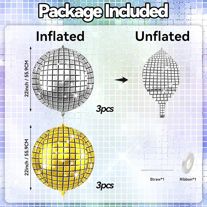 6pcs 22 Inch Gold Silver Disco Ball Balloons, 4d Large Foil Aluminum Balloon - Image 2