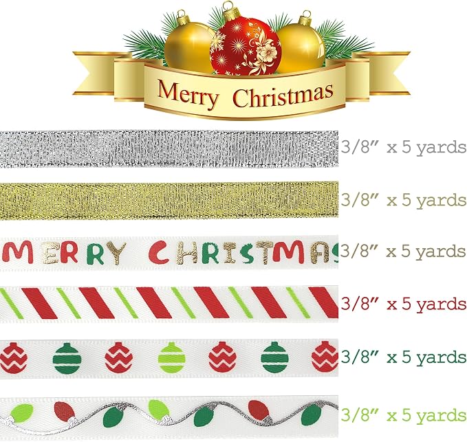Christmas Ribbon 3/8 inch Thin Holiday Ribbon Set in Red, Xmas Wreath Decor - Image 3