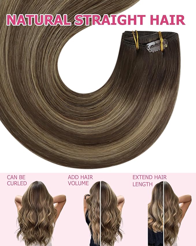 YoungSee 150G Clip in Human Hair Extensions Balayage Chocolate Brown Mix Caramel Blonde Long Straight Hair Extensions Clip ins Reusable Clip Hair Extension Human Hair Long 22inch 7pcs