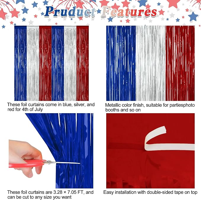 ZATAYE 2 Pack Blue Silver Red Foil Curtain Streamer Decorations | Blue Silver - Image 4