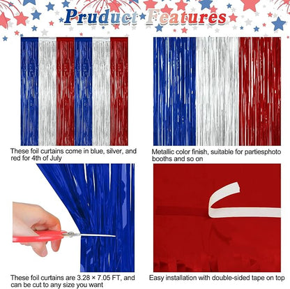 ZATAYE 2 Pack Blue Silver Red Foil Curtain Streamer Decorations | Blue Silver - Image 4