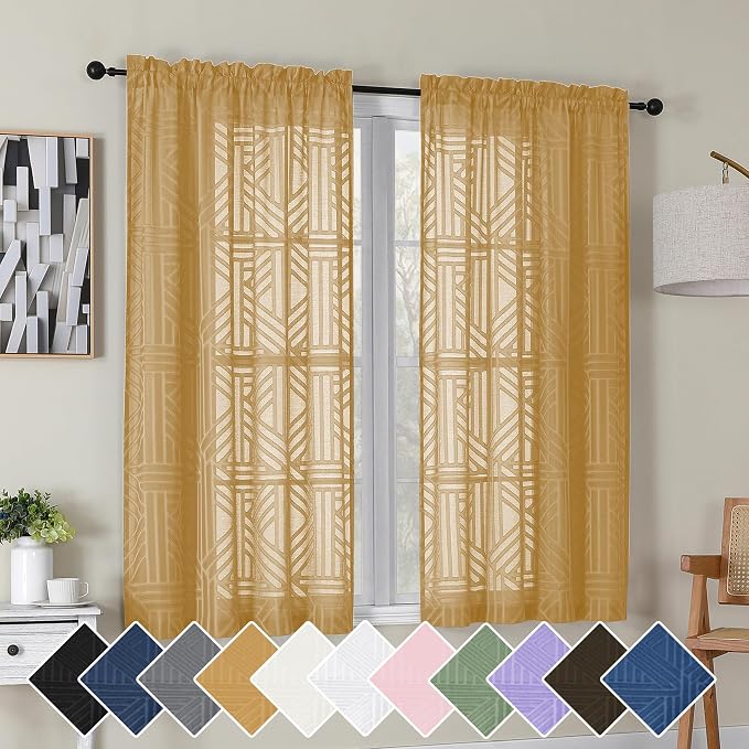 Simplebrand Gold Semi Sheer Curtains 45 Inch Length 2 Panels, Geometric by Simplebrand