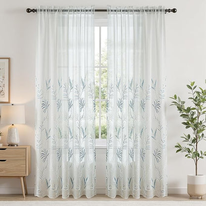 White Sheer Curtains Blue Embroidered Leaf 2 Panels 96 Inches | Light Filtering - Image 2