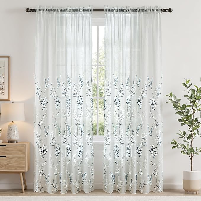 White Sheer Curtains Blue Embroidered Leaf 2 Panels 84 Inches | Light Filtering - Image 2