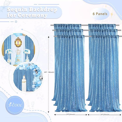 Baby Blue Sequin Curtains Backdrop 6 Pcs 2FTx8FT Shiny Shimmer Fabric | Glitter - Image 3