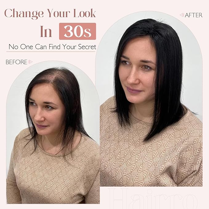 Hairro 100% Human Hair Topper No Bangs, Real Clip in Hair Hairpieces for Women, 3.94x4.72" Silk Base for Thinning Receding High Hairline, 10 Inch Natural Black Middle Part
