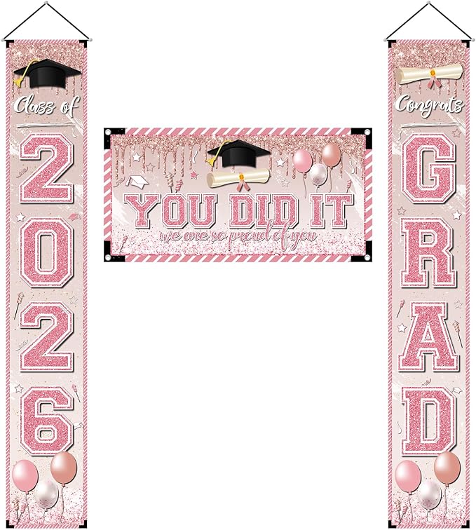 Pink Graduation Decorations Graduation Banner Class of 2026 Congrats Grad Porch by Unknown
