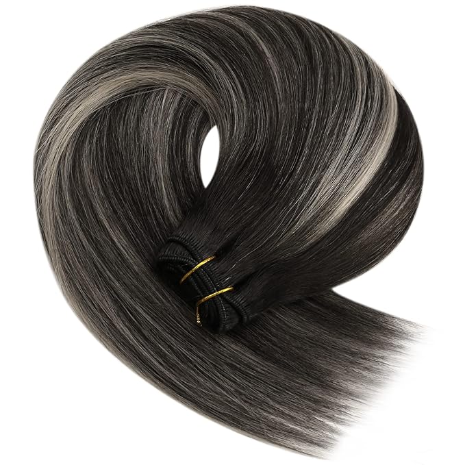 YoungSee 125G Black Hair Extensions Weft Balayage Natural Black Mix Silver Grey Weft Hair Extensions Human Hair Ombre Sew in Extensions for Long Hair 22In