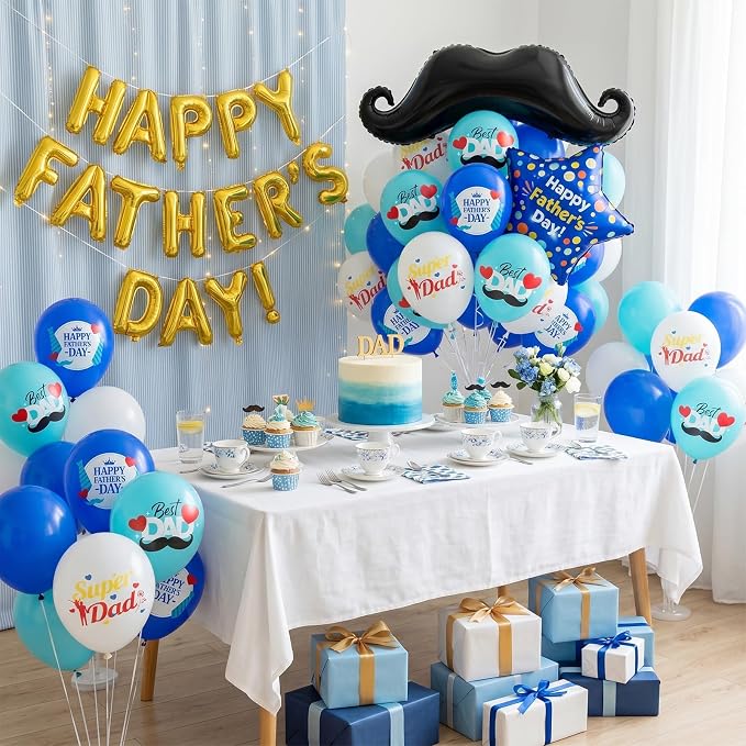 Fathers Day Party Balloons, 12 Inch Royal Blue Teal White Printed Latex Balloons - Image 7