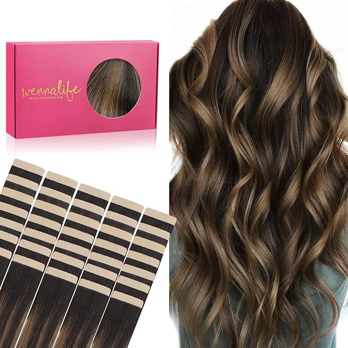 WENNALIFE Tape in Hair Extensions Human Hair, 40pcs 100g 20 inch Balayage Dark Brown Mixed Chestnut Brown Hair Extensions Real Human Hair Straight Tape in Extensions Invisible Human Hair Extensions