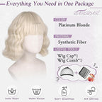 BARSDAR Short Wavy Platinum Blonde Wig with Bangs - Short Wavy Platinum Blonde Wig for Women - Textured Curly Chic French Bob Wigs with Face-Framing Bangs Soft Synthetic Natural Looking