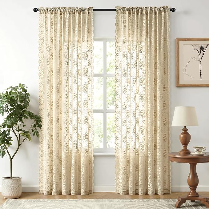 MIULEE Vintage Floral Scalloped Lace Curtains 2 Panels, Semi Sheer Curtains - Image 7
