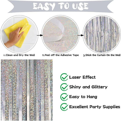 Silver Tinsel Foil Fringe Curtain Backdrop, 3.3 x 8.2 ft Metallic Glitter - Image 4