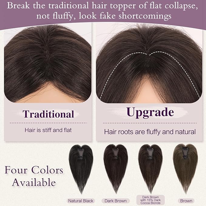 RUWISS Hair Toppers for Women Real Human Hair Lightweight Dark Brown with 15% Dark Cocoa Blonde Clip in Hair Piece for Thinning Hair Fluffy Straight Hair Topper without Bangs