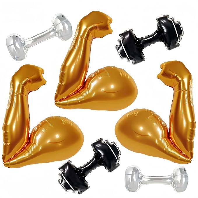 7Pcs Gym Birthday Party Decorations/Gold Bicep Muscle Balloon + Mini Dumbbell by baoonworlld