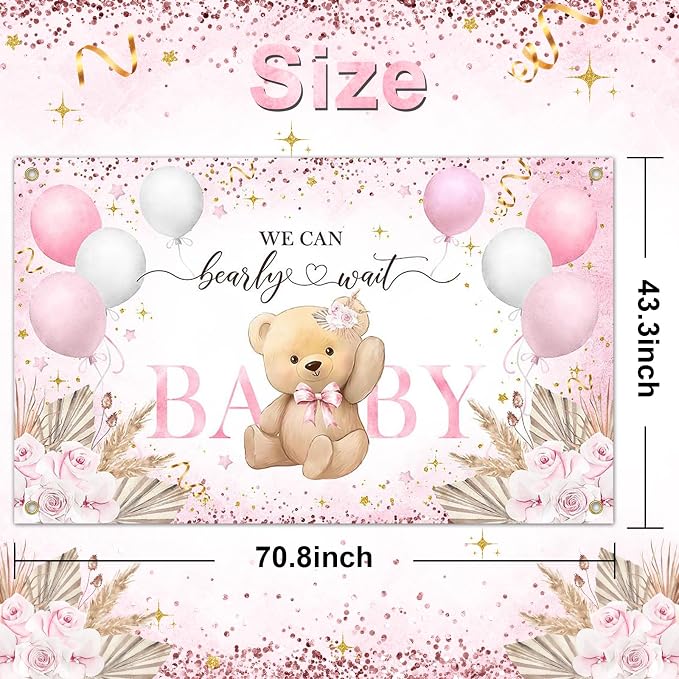 Pink Bear Baby Shower Backdrop 6x3.6 ft We Can Bearly Wait Banner - Image 3