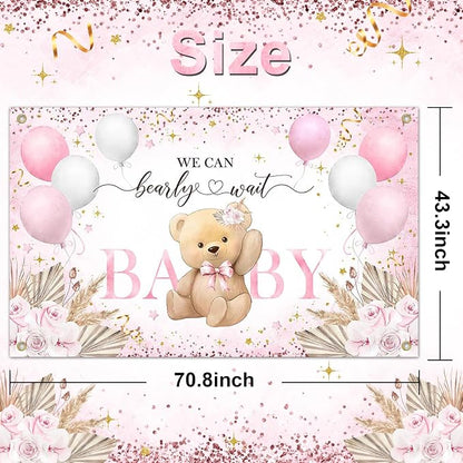 Pink Bear Baby Shower Backdrop 6x3.6 ft We Can Bearly Wait Banner - Image 3