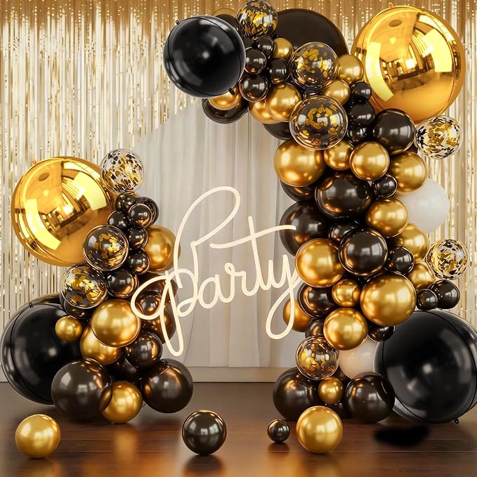 Gold and Black Round Foil Balloons, Metallic Gold Black Foil Baloon - Image 7