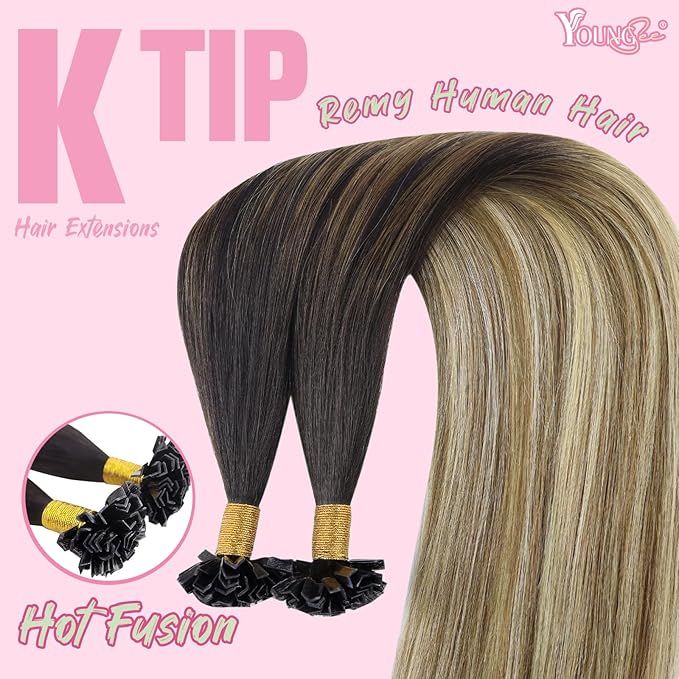 YoungSee K Tip Hair Extensions Human Hair Balayage Ktip Real Hair Extensions Dark Brown Ombre Brown with Blonde Hot Fusion 14In 50s/50g