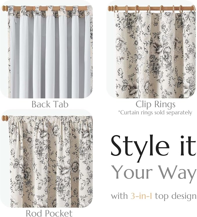 jinchan Floral Linen Blackout Curtains Lined 102 Inch Back Tab 2 Panels | - Image 4