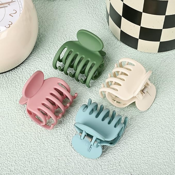 DEEKA Hair Clips Small Claw Clips for Thin Hair 4 Pack Double Row Teeth 1.6" Medium Matte Non-slip Short Hair Accessories for Women and Girls -Green Blue Pink