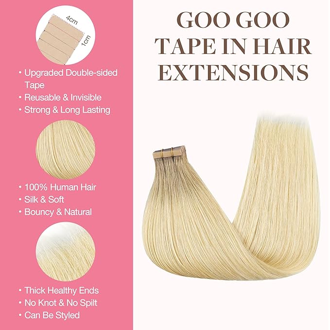 GOO GOO Tape in Hair Extensions Human Hair, R7/60F Rooted Ash Blonde with Frosted Highlights, 20inch 50g 20pcs, Skin Weft Seamless Invisible, Silky Straight with Thick Ends, Remy Human Hair