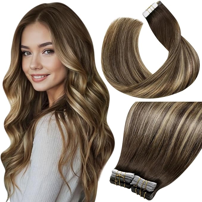LaaVoo Tape in Hair Extensions Balayage Brown Tape in Extensions Human Hair Ombre Brown to Caramel Blonde with Brown Hair Extensions Tapes on Silky Straight Hair 18 Inch 40pcs 100g