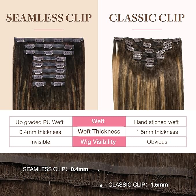 GOO GOO Clip in Hair Extensions Real Human Hair, Remy Human Hair Extensions Clip ins for Women, Natural Human Hair, 16inch 160g 9Pcs, #4/27/4 Balayage Chocolate Brown to Caramel Blonde