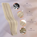Full Shine Human Hair Extensions Tape in Color 18/613 Highlight Blonde Long Tape Weft Invisible Tape in Weft Hair Exensions Human Hair Weft Extensions 50G One Piece Travel Friendly Styling 20Inch