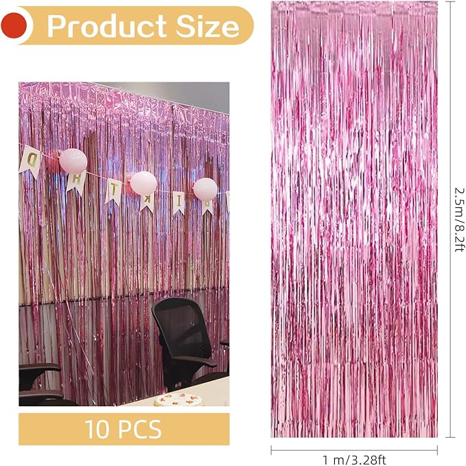 10 Pack Pink Backdrop Curtain 3.2ft x 8.2ft Metallic Tinsel Foil Fringe - Image 3