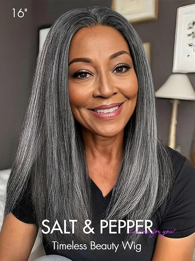 LUVME HAIR 18 Inch Grey Salt & Pepper Silky Straight Wig Human Hair Glueless HD Lace Bob Wig with Mix Grey Color, pre plucked pre cut Lace Ready to Go Wigs For Women