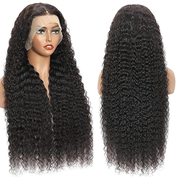 Deep Wave Lace Front Wigs Human Hair 200% Density 13x6 HD Transparent Frontal Wigs Human Hair for Women Deep Curly Glueless Wigs Human Hair Pre Plucked with Baby Hair Natural Black (36Inch)
