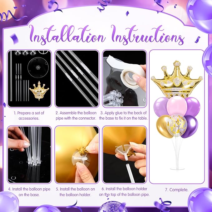 Seematn 2 Set Princess Balloon Stand Kits Purple Gold Crown Balloons Sticks - Image 4