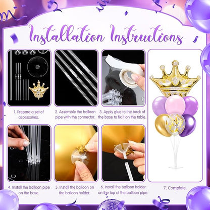 Seematn 2 Set Princess Balloon Stand Kits Purple Gold Crown Balloons Sticks - Image 4