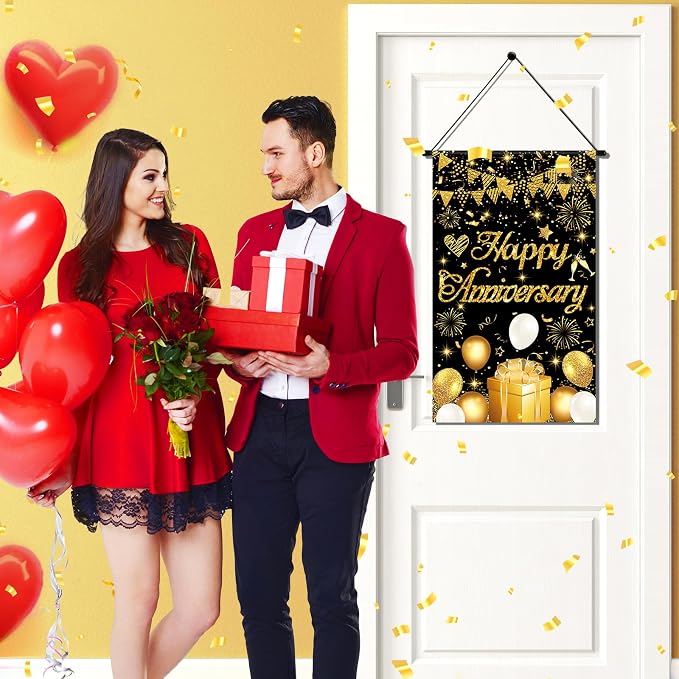 Anniversary Party Decorations Black Gold Happy Anniversary Door Banner Sign - Image 2