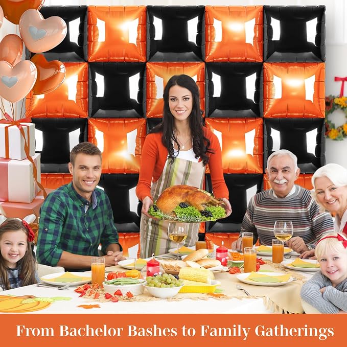 Black and Orange Square Foil Balloons 25 Pcs Metallic Black and Orange Balloons - Image 6